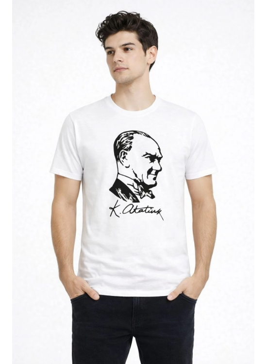 Erkek Atatürk Baskılı Tişört Kısa Kollu Bisiklet Yaka T-Shirt - Beyaz