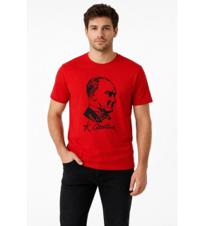 Erkek Atatürk Baskılı Tişört Kısa Kollu Bisiklet Yaka T-Shirt - Kırmızı