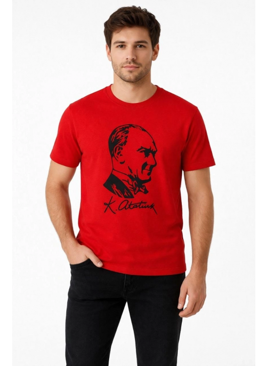 Erkek Atatürk Baskılı Tişört Kısa Kollu Bisiklet Yaka T-Shirt - Kırmızı Erkek Atatürk Baskılı Tişört Kısa Kollu Bisiklet Yaka T-Shirt - Kırmızı
