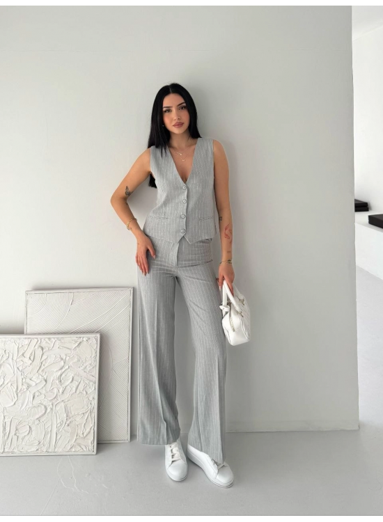 Kadın Çizgili Tansel Kumaş Yelek Pantolon İkili Takım Ofis Şık Modern - Gri Kadın Çizgili Tansel Kumaş Yelek Pantolon İkili Takım Ofis Şık Modern - Gri