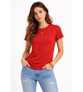 Kadın Flam Kumaş Melanj Dokulu Regular Fit Tişört Bisiklet Yaka Yazlık T-Shirt - Kiremit