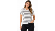 Kadın Çizgili Yazlık Triko T-Shirt Bisiklet Yaka Rahat Kalıp Tişört - Beyaz Kadın Çizgili Yazlık Triko T-Shirt Bisiklet Yaka Rahat Kalıp Tişört - Beyaz