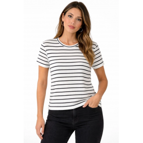 Kadın Çizgili Yazlık Triko T-Shirt Bisiklet Yaka Rahat Kalıp Tişört - Beyaz