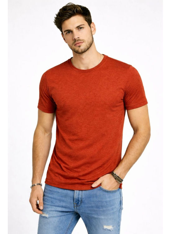 Erkek Flam Kumaş Melanj Dokulu Regular Fit Tişört Bisiklet Yaka Yazlık T-Shirt - Kiremit Erkek Flam Kumaş Melanj Dokulu Regular Fit Tişört Bisiklet Yaka Yazlık T-Shirt - Kiremit