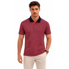 Erkek Pike Kumaş Polo Yaka Desenli Tişört Kısa Kol Yazlık T-Shirt - Kırmızı
