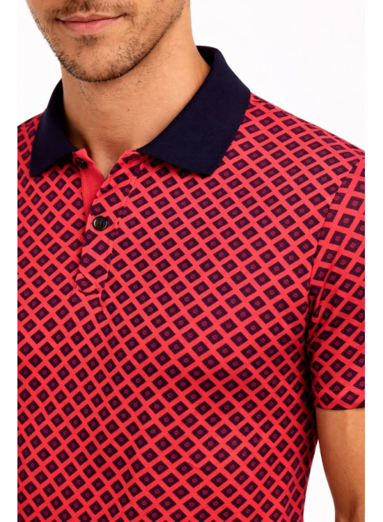 Erkek Pike Kumaş Polo Yaka Desenli Tişört Kısa Kol Yazlık T-Shirt - Kırmızı Erkek Pike Kumaş Polo Yaka Desenli Tişört Kısa Kol Yazlık T-Shirt - Kırmızı