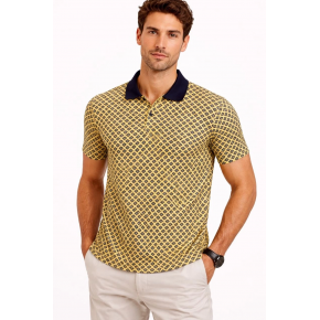 Erkek Pike Kumaş Polo Yaka Desenli Tişört Kısa Kol Yazlık T-Shirt - Sarı