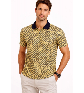 Erkek Pike Kumaş Polo Yaka Desenli Tişört Kısa Kol Yazlık T-Shirt - Sarı