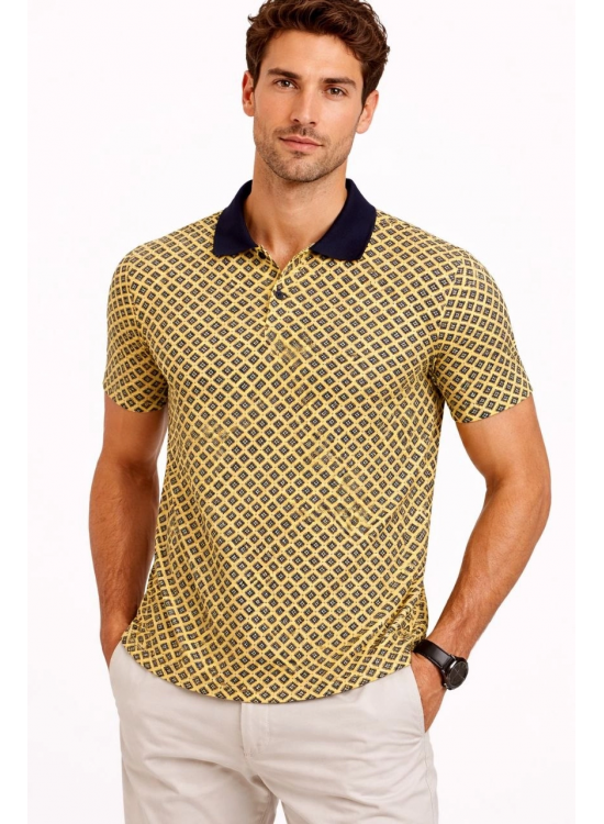 Erkek Pike Kumaş Polo Yaka Desenli Tişört Kısa Kol Yazlık T-Shirt - Sarı Erkek Pike Kumaş Polo Yaka Desenli Tişört Kısa Kol Yazlık T-Shirt - Sarı