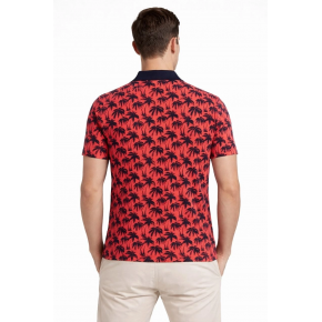 Erkek Pike Kumaş Polo Yaka Palmiye Desenli Tişört Kısa Kol Yazlık T-Shirt - Kırmızı