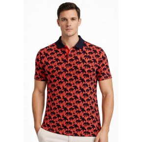 Erkek Pike Kumaş Polo Yaka Palmiye Desenli Tişört Kısa Kol Yazlık T-Shirt - Kırmızı