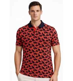 Erkek Pike Kumaş Polo Yaka Palmiye Desenli Tişört Kısa Kol Yazlık T-Shirt - Kırmızı