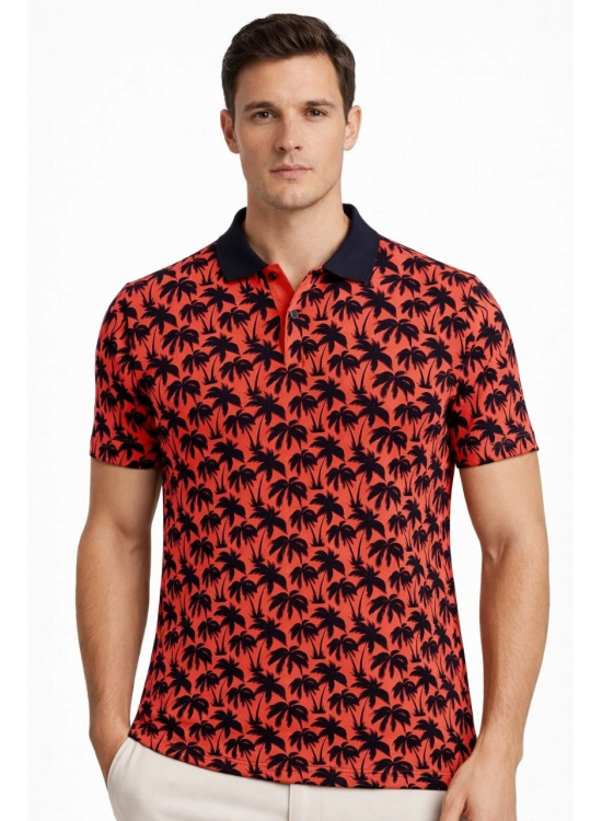 Erkek Pike Kumaş Polo Yaka Palmiye Desenli Tişört Kısa Kol Yazlık T-Shirt - Kırmızı