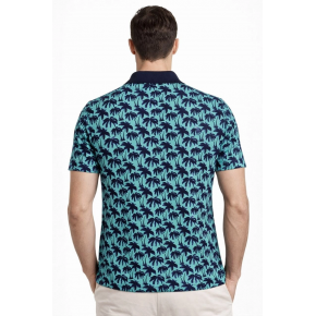 Erkek Pike Kumaş Polo Yaka Palmiye Desenli Tişört Kısa Kol Yazlık T-Shirt - Turkuaz