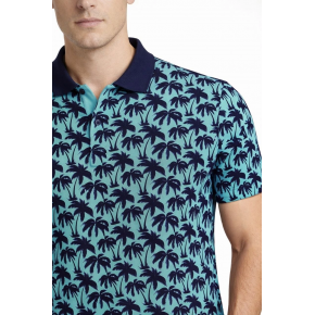 Erkek Pike Kumaş Polo Yaka Palmiye Desenli Tişört Kısa Kol Yazlık T-Shirt - Turkuaz