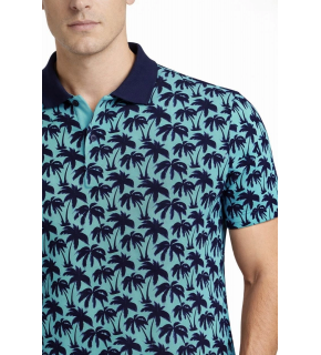 Erkek Pike Kumaş Polo Yaka Palmiye Desenli Tişört Kısa Kol Yazlık T-Shirt - Turkuaz