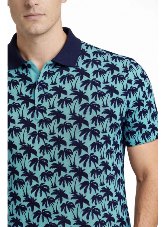Erkek Pike Kumaş Polo Yaka Palmiye Desenli Tişört Kısa Kol Yazlık T-Shirt - Turkuaz Erkek Pike Kumaş Polo Yaka Palmiye Desenli Tişört Kısa Kol Yazlık T-Shirt - Turkuaz