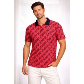 Erkek Pike Kumaş Polo Yaka Palmiye Desenli Tişört Kısa Kol Yazlık T-Shirt - Kırmızı