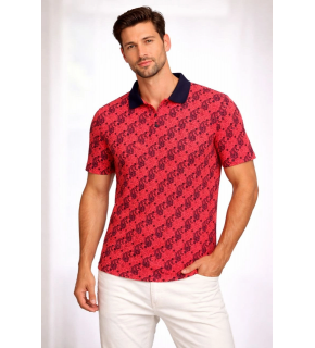 Erkek Pike Kumaş Polo Yaka Palmiye Desenli Tişört Kısa Kol Yazlık T-Shirt - Kırmızı