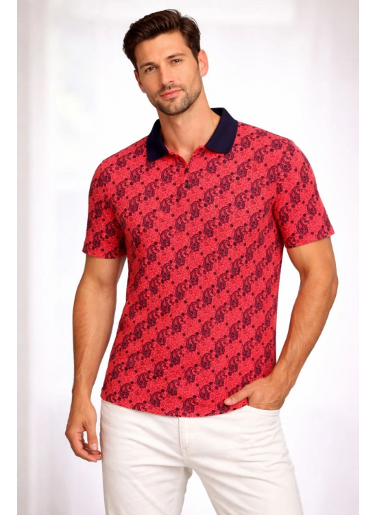 Erkek Pike Kumaş Polo Yaka Palmiye Desenli Tişört Kısa Kol Yazlık T-Shirt - Kırmızı Erkek Pike Kumaş Polo Yaka Palmiye Desenli Tişört Kısa Kol Yazlık T-Shirt - Kırmızı