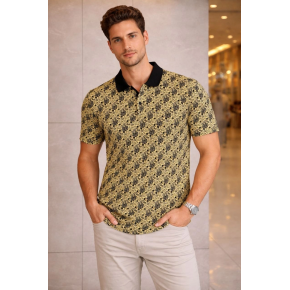 Erkek Pike Kumaş Polo Yaka Palmiye Desenli Tişört Kısa Kol Yazlık T-Shirt - Sarı