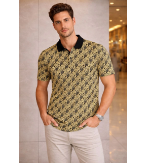 Erkek Pike Kumaş Polo Yaka Palmiye Desenli Tişört Kısa Kol Yazlık T-Shirt - Sarı