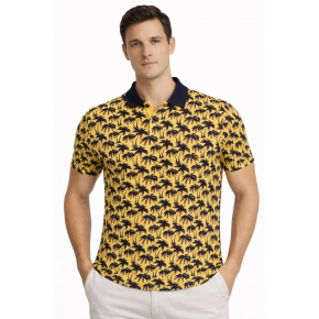 Erkek Pike Kumaş Polo Yaka Palmiye Desenli Tişört Kısa Kol Yazlık T-Shirt - Sarı