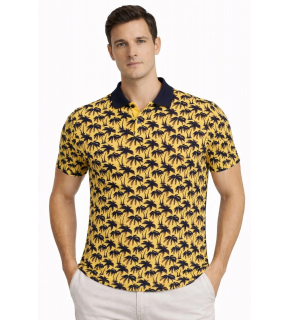 Erkek Pike Kumaş Polo Yaka Palmiye Desenli Tişört Kısa Kol Yazlık T-Shirt - Sarı