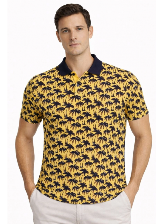 Erkek Pike Kumaş Polo Yaka Palmiye Desenli Tişört Kısa Kol Yazlık T-Shirt - Sarı