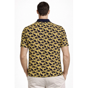 Erkek Pike Kumaş Polo Yaka Palmiye Desenli Tişört Kısa Kol Yazlık T-Shirt - Sarı