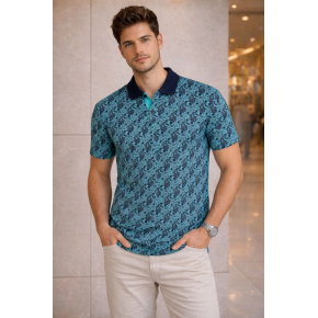 Erkek Pike Kumaş Polo Yaka Palmiye Desenli Tişört Kısa Kol Yazlık T-Shirt - Turkuaz