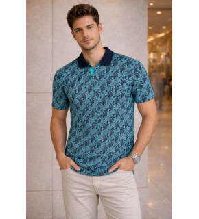 Erkek Pike Kumaş Polo Yaka Palmiye Desenli Tişört Kısa Kol Yazlık T-Shirt - Turkuaz