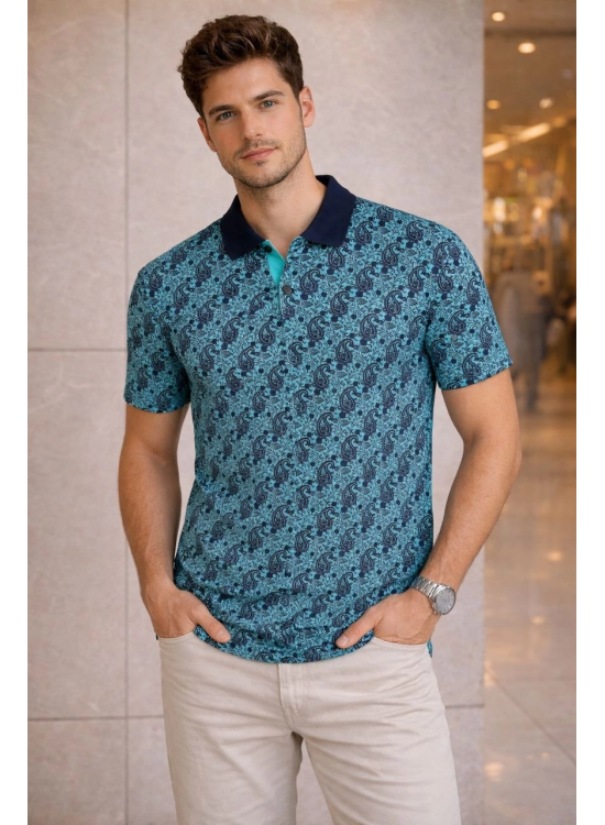Erkek Pike Kumaş Polo Yaka Palmiye Desenli Tişört Kısa Kol Yazlık T-Shirt - Turkuaz Erkek Pike Kumaş Polo Yaka Palmiye Desenli Tişört Kısa Kol Yazlık T-Shirt - Turkuaz
