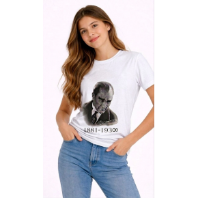 Kız Çocuk Atatürk Baskılı Tişört Kısa Kollu Bisiklet Yaka T-Shirt - Beyaz
