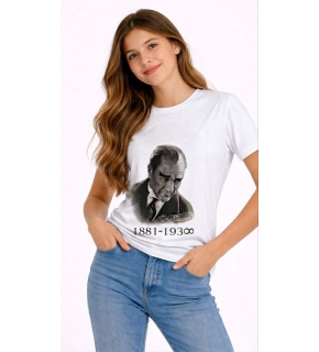 Kız Çocuk Atatürk Baskılı Tişört Kısa Kollu Bisiklet Yaka T-Shirt - Beyaz