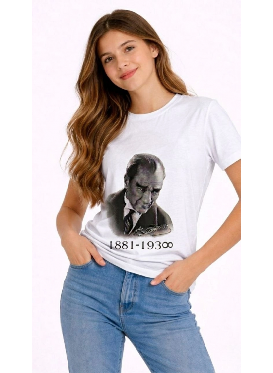 Kız Çocuk Atatürk Baskılı Tişört Kısa Kollu Bisiklet Yaka T-Shirt - Beyaz Kız Çocuk Atatürk Baskılı Tişört Kısa Kollu Bisiklet Yaka T-Shirt - Beyaz