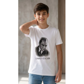Erkek Çocuk Atatürk Baskılı Tişört Kısa Kollu Bisiklet Yaka T-Shirt - Beyaz