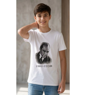 Erkek Çocuk Atatürk Baskılı Tişört Kısa Kollu Bisiklet Yaka T-Shirt - Beyaz