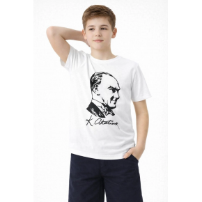Erkek Çocuk Atatürk Baskılı Tişört Kısa Kollu Bisiklet Yaka T-Shirt - Beyaz