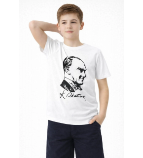 Erkek Çocuk Atatürk Baskılı Tişört Kısa Kollu Bisiklet Yaka T-Shirt - Beyaz