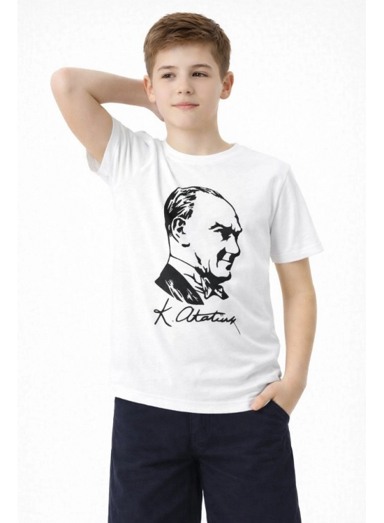Erkek Çocuk Atatürk Baskılı Tişört Kısa Kollu Bisiklet Yaka T-Shirt - Beyaz