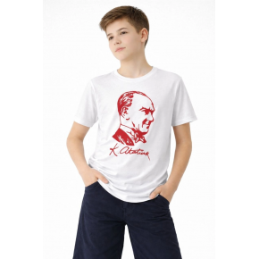 Erkek Çocuk Atatürk Baskılı Tişört Kısa Kollu Bisiklet Yaka T-Shirt - Beyaz