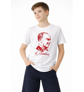 Erkek Çocuk Atatürk Baskılı Tişört Kısa Kollu Bisiklet Yaka T-Shirt - Beyaz