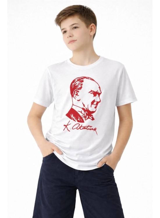 Erkek Çocuk Atatürk Baskılı Tişört Kısa Kollu Bisiklet Yaka T-Shirt - Beyaz Erkek Çocuk Atatürk Baskılı Tişört Kısa Kollu Bisiklet Yaka T-Shirt - Beyaz