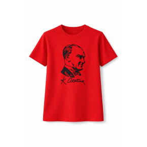 Kız Çocuk Atatürk Baskılı Tişört Kısa Kollu Bisiklet Yaka T-Shirt - Kırmızı