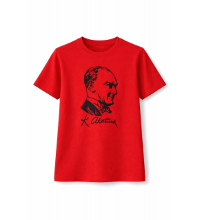 Kız Çocuk Atatürk Baskılı Tişört Kısa Kollu Bisiklet Yaka T-Shirt - Kırmızı