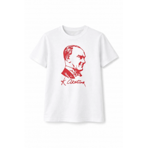 Erkek Çocuk Atatürk Baskılı Tişört Kısa Kollu Bisiklet Yaka T-Shirt - Beyaz