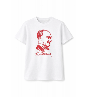 Erkek Çocuk Atatürk Baskılı Tişört Kısa Kollu Bisiklet Yaka T-Shirt - Beyaz