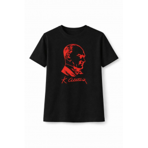 Kız Çocuk Atatürk Baskılı Tişört Kısa Kollu Bisiklet Yaka T-Shirt - Siyah