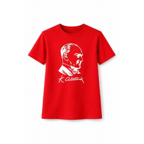 Kız Çocuk Atatürk Baskılı Tişört Kısa Kollu Bisiklet Yaka T-Shirt - Kırmızı